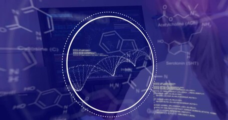 Animation of dna strand and data processing over dark background - Powered by Adobe