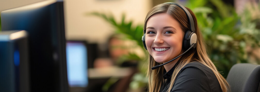 Smiling female customer service representative with headset in modern office environment.