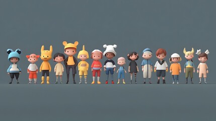 Diverse group of animated children in colorful costumes on a neutral backdrop.