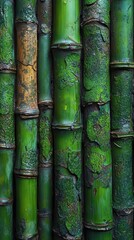 Fototapeta premium Detailed Photograph of Bamboo Tree Trunks with Vibrant Green Hues and Textured Patterns, Lush Background, Tranquil Atmosphere 