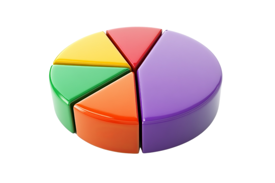 Colorful 3D pie chart with segments in vibrant hues, isolated on a white background for clear visualization. - Powered by Adobe