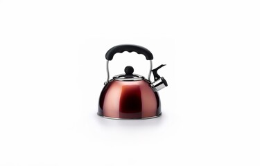 Obraz premium A red kettle with a black handle and spout on a white background.