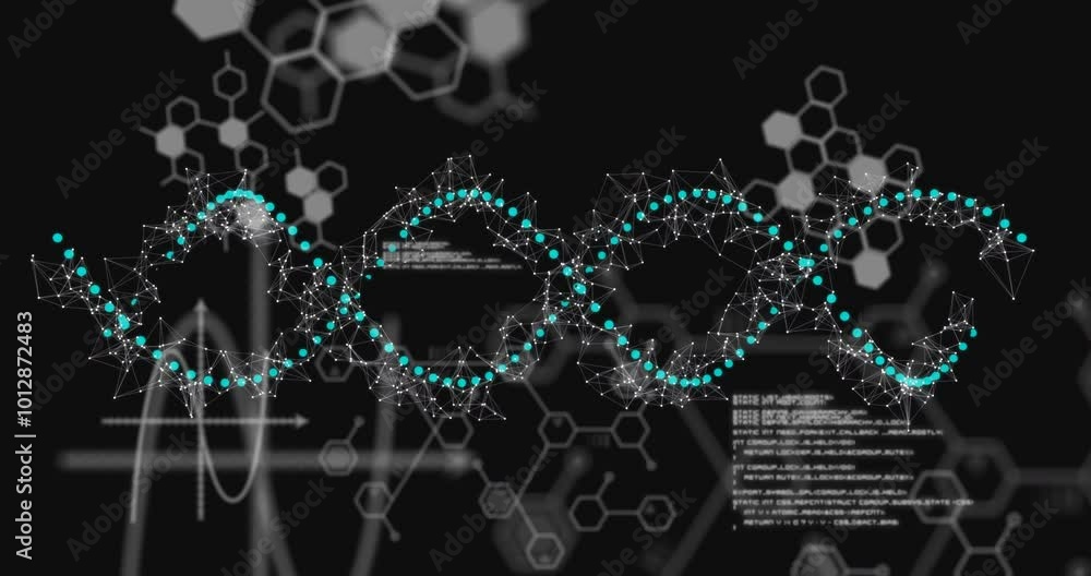 Poster animation of dna strand and data processing over dark background