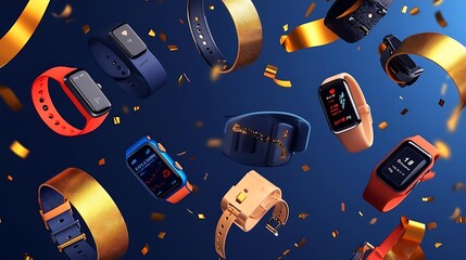 Colorful Smartwatches with Gold Ribbons on Blue Background