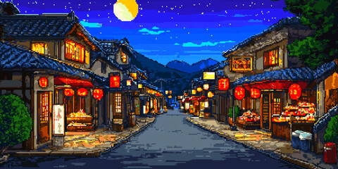 Obraz premium 8-bit pixel art, street scene of an old Japanese village with lanterns and food stalls at night