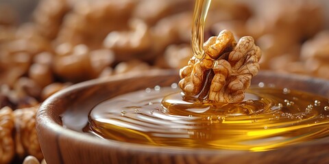 A close-up image of a walnut being dipped into a bowl of walnut oil, capturing the smooth texture and golden hue of the oil, as well as the rich details of the walnut