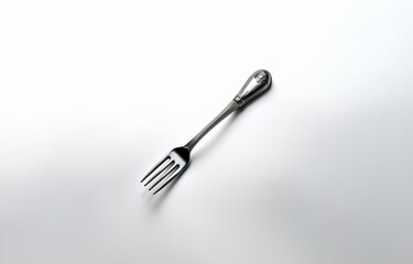 Fototapeta premium A silver fork with a decorative handle rests on a white surface.