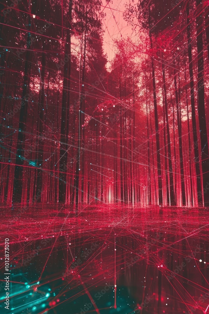 Poster a red and blue web of light overlapping a forest