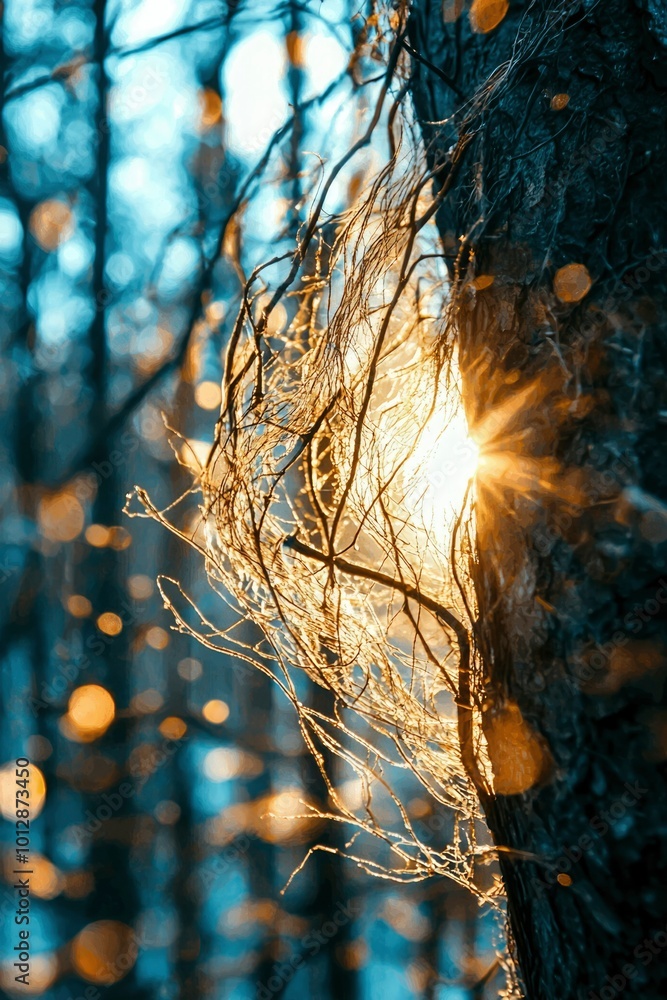 Poster sunlight filtering through intertwined branches in a forest