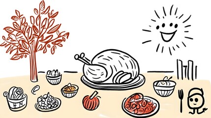 A festive dinner spread featuring a cartoon turkey and various delicious side dishes.