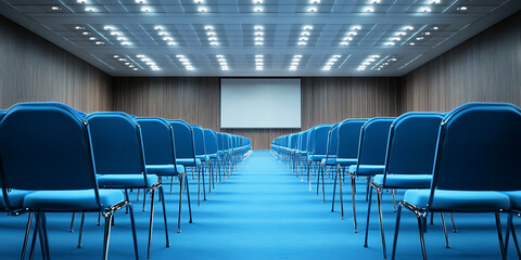 Obraz premium Empty conference hall with blue chairs Rear view