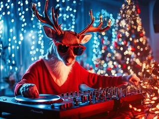 Festive Vibes: Stylish Reindeer DJ Spinning Beats Under Holiday Lights - Perfect for a Cheerful Sports Room Poster!