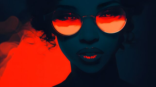 Portrait of a Black woman with stylish sunglasses and vibrant red reflections.