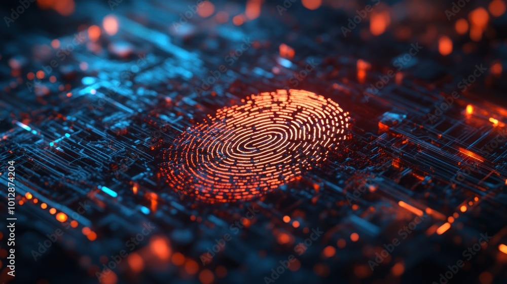 Poster a digital fingerprint overlay on a circuit board, symbolizing cybersecurity and identity.