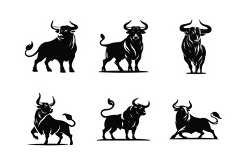 Bull silhouette icon set. strength and perseverance symbol white background