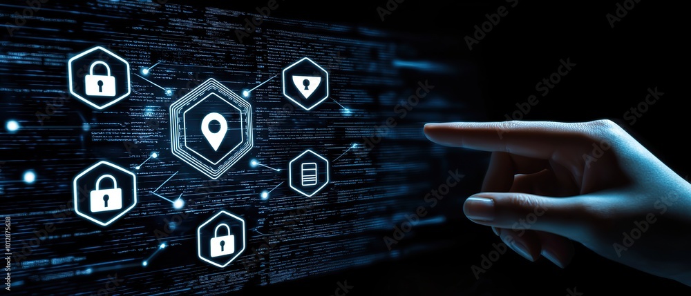 Poster hand pointing at a digital screen with icons representing location, privacy, security, and data.