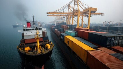 Fototapeta premium Cargo ship docked at a container terminal, foggy atmosphere, industrial background.