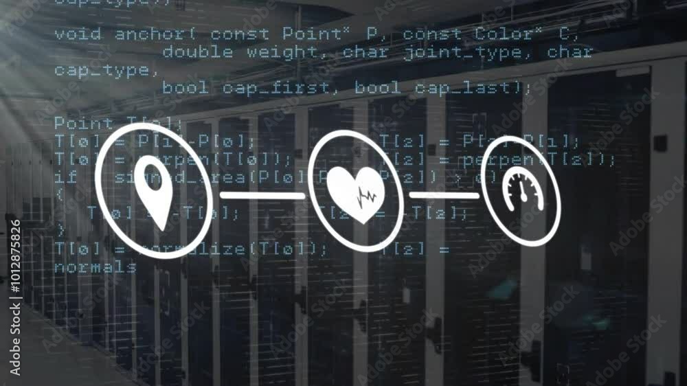 Poster animation of network of connections with icons over computer servers