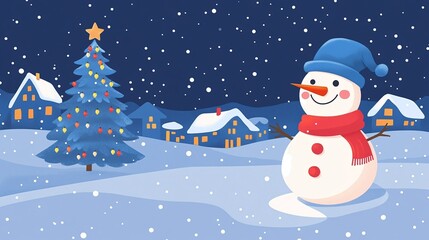 Fototapeta premium Cute snowman and Christmas tree on the snow