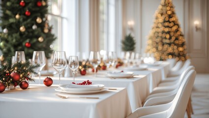 A beautifully set holiday dining table adorned with festive decorations, sparkling glasses, and a gorgeous Christmas tree creating a warm and inviting atmosphere for guests.