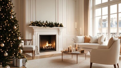 A warm and inviting holiday living room adorned with festive decorations, glowing candles, and a beautifully decorated Christmas tree, perfect for seasonal gatherings and celebrations.