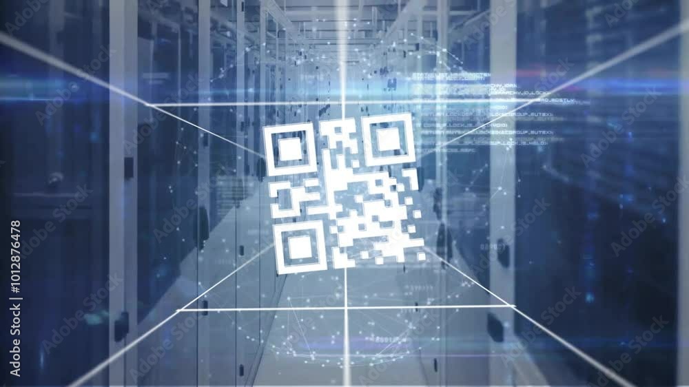 Poster animation of qr code and network of connections with icons over computer servers