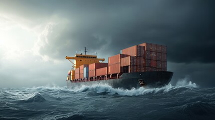 Cargo ship navigating turbulent seas under stormy skies.