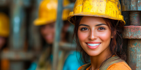 Smiling young female engineer in an industrial setting, wearing an orange hard hat. Represents women in engineering and industrial safety