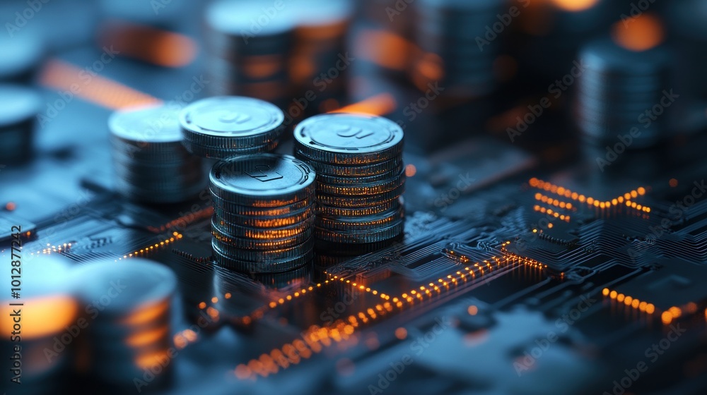 Poster stacks of coins on a circuit board, symbolizing the intersection of finance and technology.