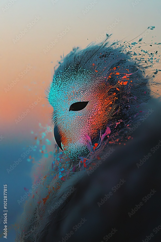 Poster an enchanting owl with a blend of feathers and colorful neon splashes. the twilight sky creates a se