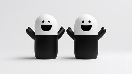 Two cheerful cartoon figures in black and white, displaying friendliness and joy.