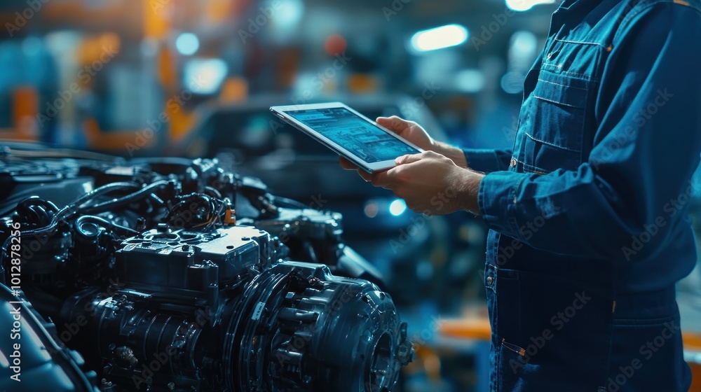 Aufkleber a technician examines data on a tablet next to an engine in a workshop.