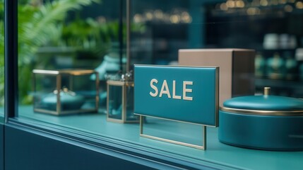 High-end fashion store window featuring a sleek Sale sign and luxurious items at discounted prices, sale sign, discount, window display