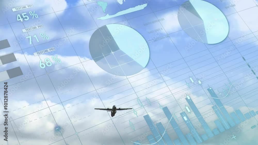 Poster animation of financial data processing over airplane