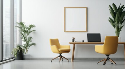 Fototapeta premium Modern office interior with yellow chairs, a table, and large windows.