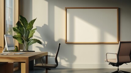 Modern office space featuring a desk, chair, plant, and empty whiteboard.