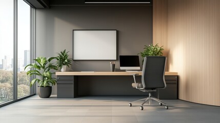 Fototapeta premium Modern office space with a view, featuring a desk and plants.