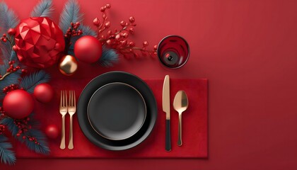 Red and black Christmas background concept Elegant Christmas table setting in red and black.