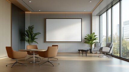 Modern office space with large windows and minimalist furniture.