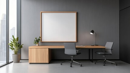 Modern office workspace with a wooden desk, chairs, and plant against a grey wall.