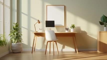 Modern office workspace with desk, computer, and green plants in natural light.