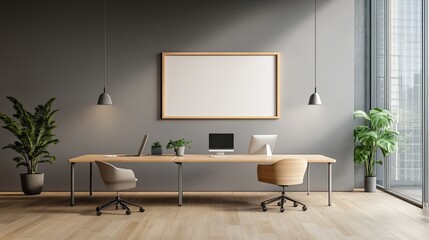 Modern office workspace with light wooden desk and plants, bright natural lighting.