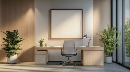 Modern office workspace with plants, wooden accents, and a blank picture frame.