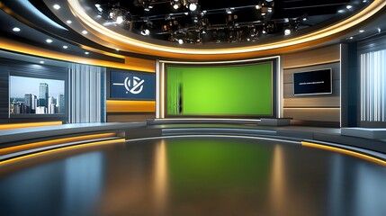A virtual TV studio news set with a green screen background, featuring modern design elements and versatile setup for broadcasting