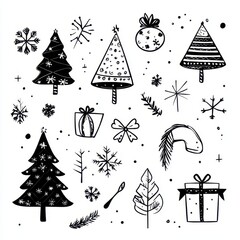 Festive doodles with Christmas trees, snowflakes, and holiday decorations in black and white.