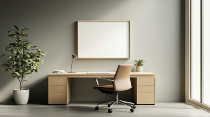 Modern workspace with a desk, chair, plant, and empty frame on the wall.