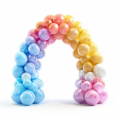 Fototapeta premium Colorful Pastel Balloon Arch for Celebrations, Vibrant balloon arch in pastel colors, featuring shades of blue, pink, yellow, and purple, ideal for festive events and parties.