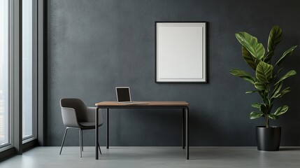 Modern workspace with a desk, chair, and potted plant against a dark wall.