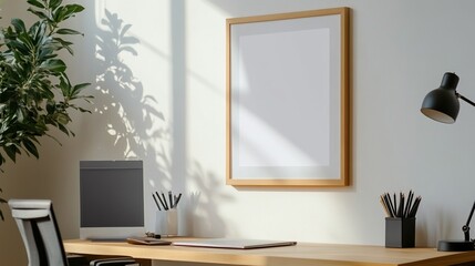Modern workspace with a framed blank picture, plants, and a computer on a wooden desk.