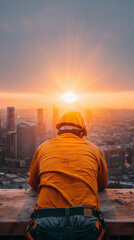 Fototapeta premium A construction worker in front of big city at sunset